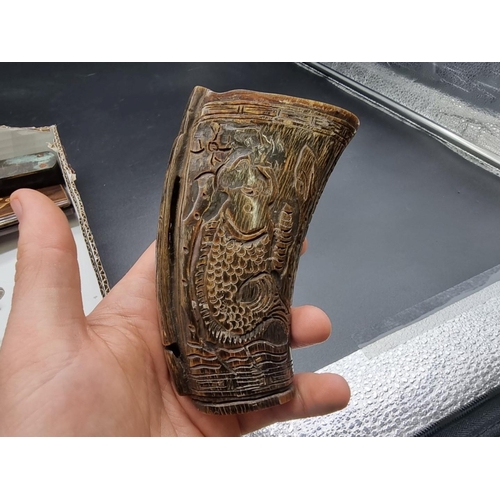 1655 - A mixed lot, to include a carved horn libation cup.