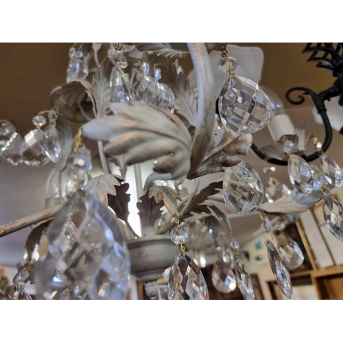 1786 - A white painted and faceted drop five branch ceiling light, 55cm high; together with a pair of ... 