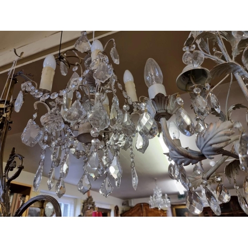 1786 - A white painted and faceted drop five branch ceiling light, 55cm high; together with a pair of ... 