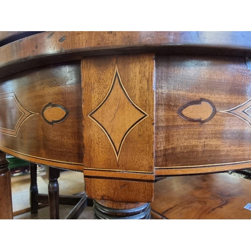 1795 - A George III mahogany, line inlaid and satinwood crossbanded D shape card table, with double gateleg... 