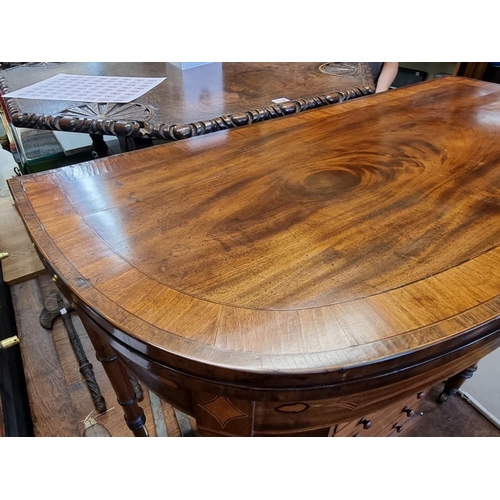 1795 - A George III mahogany, line inlaid and satinwood crossbanded D shape card table, with double gateleg... 