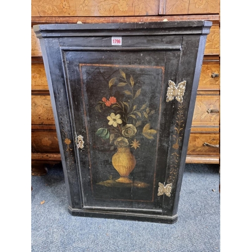 1796 - An 18th century painted hanging corner cupboard, 84cm high x 55.5cm wide.