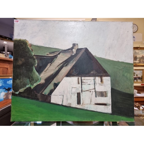 1797 - Bernard Kay, a farm building, signed and dated 1953 verso, oil on canvas, 63.5 x 76.5cm, unframed.Pl... 