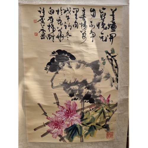 1803 - Chinese School, birds on a branch, signed, watercolour scroll, image 69 x 46cm.... 