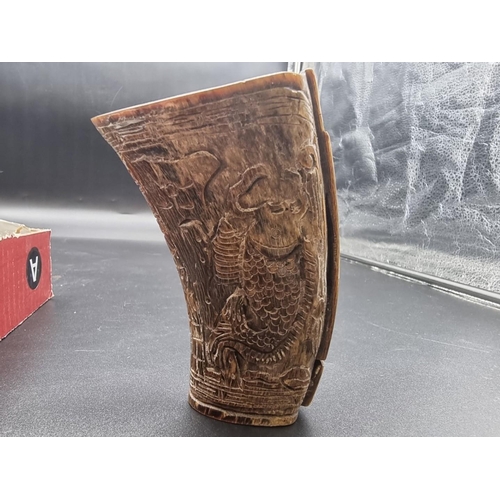 1655 - A mixed lot, to include a carved horn libation cup.