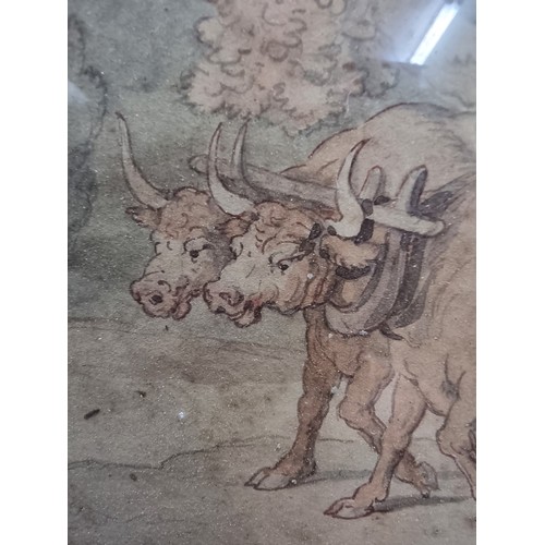 1404 - (ML) Attributed to Thomas Rowlandson, an ox drawn cart, watercolour, 20.5 x 25cm, (a.f.); together w... 