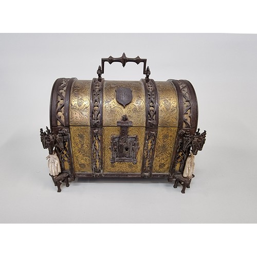 1671 - A good 19th century gilt brass, steel and ivory Gothic reliquary style casket, inscribed 'Alph, Ciro...