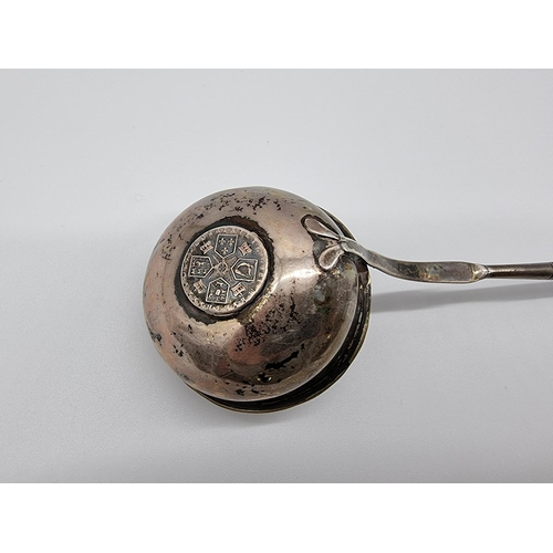 582 - A Georgian silver and baleen toddy ladle, with coin inset bowl, 34.5cm.... 