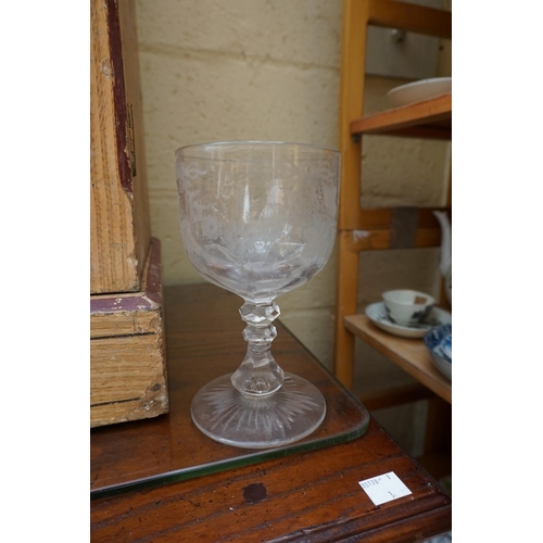 1139 - A mixed group of ceramics, to include: two 19th century glasses, one engraved with a horse & joc... 