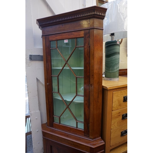 1170 - A mahogany standing corner cupboard, 186.5cm high x 65cm wide.