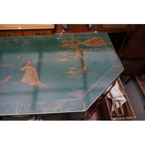 1176 - A bamboo and green lacquered two tier occasional table, labelled 'Maitland-Smith', with chinoiserie ... 