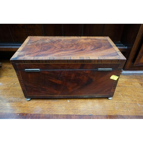 1195 - A 19th century figured mahogany, line inlaid and rosewood crossbanded tea caddy, 35.5cm wide; togeth... 