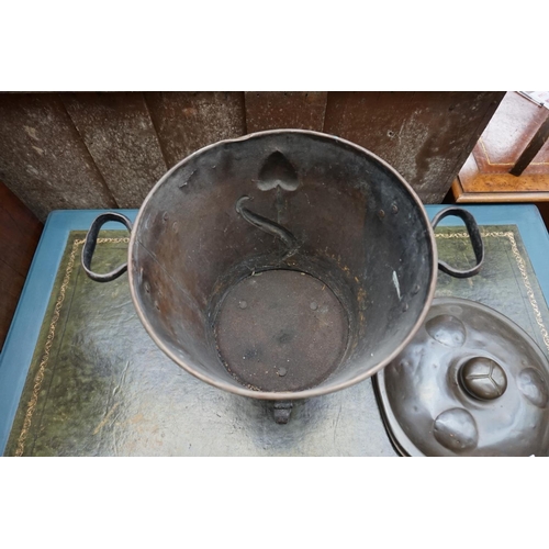 1216 - An Art Nouveau brass and wrought iron coal bucket and cover, 40cm high. 