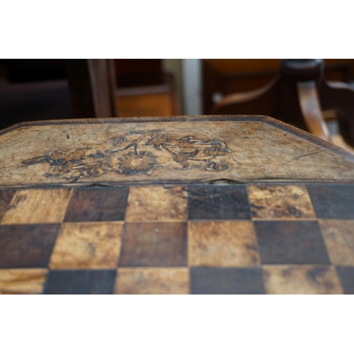 1218 - A Victorian walnut and chequer board inlaid octagonal trumpet form work table; together with a Staun... 