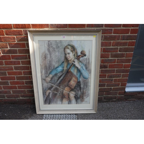 1229 - Dorothy M Colles, girl with cello, signed, pastel, 87 x 66.5cm. 