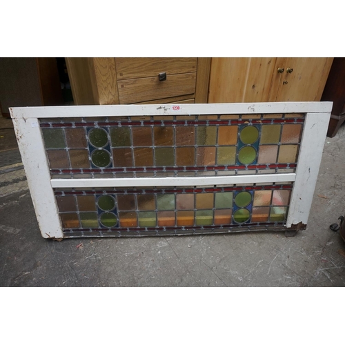 1230 - Three leaded and stained glass panels, largest 93.5cm wide, (a.f).