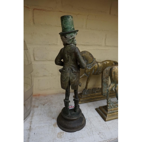 1234 - A polychrome painted metal novelty Mr Micawber candlestick, 33cm high.