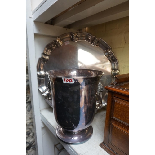 1242 - An electroplated twin handled wine cooler, 23.5cm high; together with a large electroplated salver, ... 