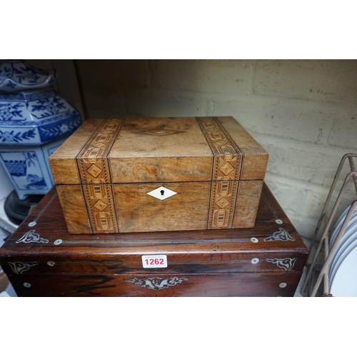 1262 - A Victorian rosewood and mother-of-pearl writing slope, 40cm wide, (with void interior); togeth... 