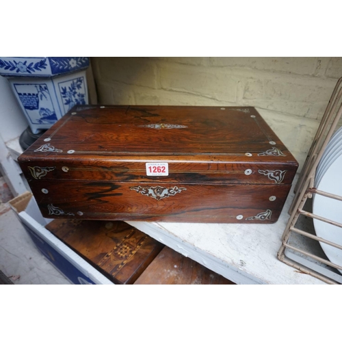 1262 - A Victorian rosewood and mother-of-pearl writing slope, 40cm wide, (with void interior); togeth... 