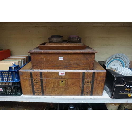 1267 - A large Victorian figured walnut and parquetry writing box, 50cm wide; together with another casket;... 