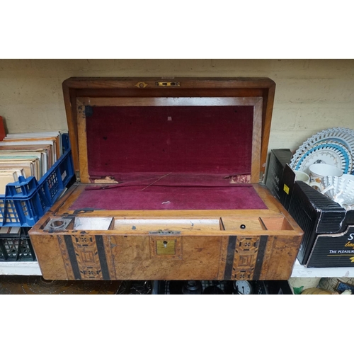 1267 - A large Victorian figured walnut and parquetry writing box, 50cm wide; together with another casket;... 