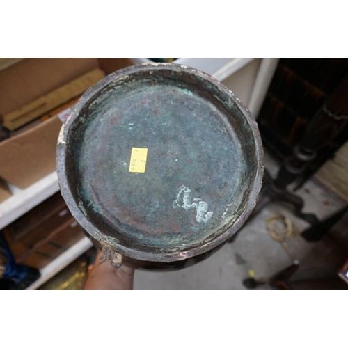 1269 - A large old plated metal swing handled vessel, height including handle 39cm, (wear to plate).... 