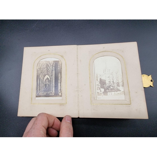 160 - CARTE DE VISITE: a small format cdv album, calf backed mother of pearl boards with engraved brass cl... 