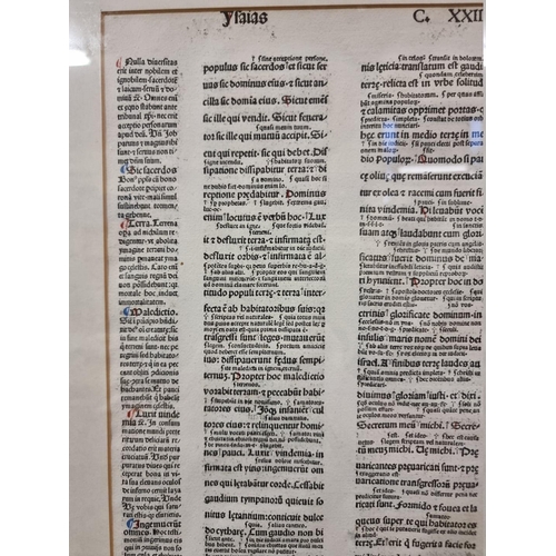 165 - BIBLE LEAF: single leaf, from Isiah 24 & 25, text in double column, interlinear commentary ... 