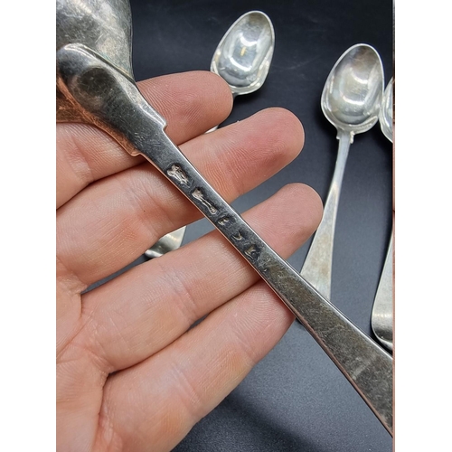 604 - A set of six George II silver Old English pattern tablespoons, 425g.