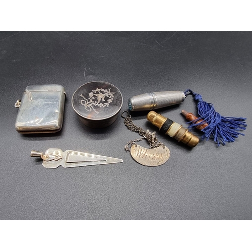 625 - Five silver and white metal items; to include: a cylindrical engine turned combination sewing thread... 