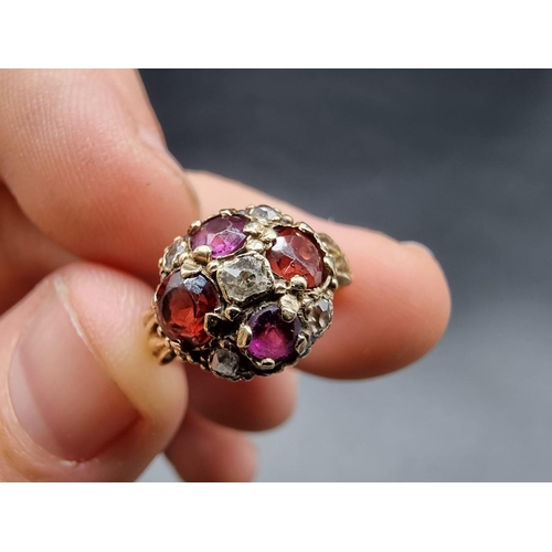 690A - A Victorian yellow metal, diamond, ruby and topaz cluster ring, stamped 15, size G 1/2, gross weight... 