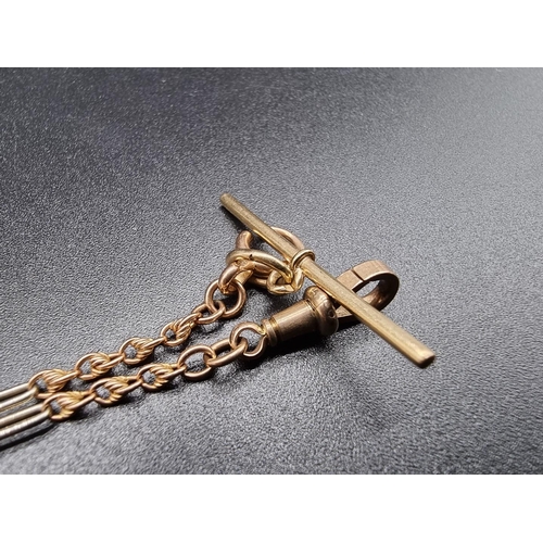 736 - A yellow and white metal fancy link fob chain, with attached bar and a clasp stamped 9ct, 37cm, 8.5g... 