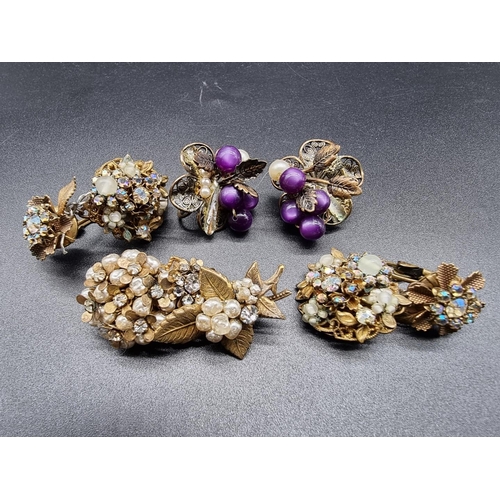 797 - A vintage Miriam Haskell floral brooch, 48mm; together with two pairs of costume ear clips. (5)... 