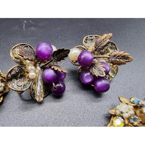 797 - A vintage Miriam Haskell floral brooch, 48mm; together with two pairs of costume ear clips. (5)... 