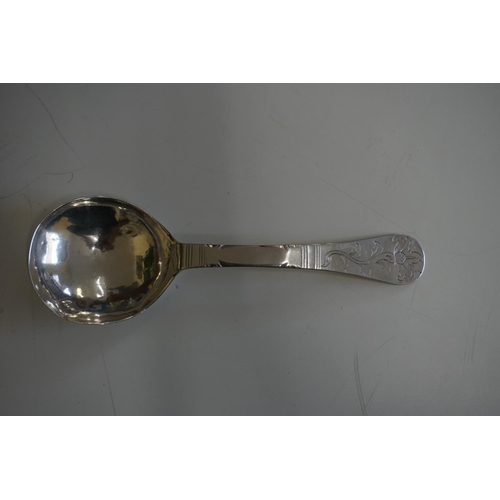 584 - An unmarked white metal spoon, having chased decoration to terminal and bowl back, 17cm.... 