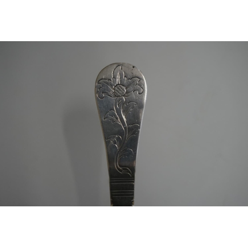 584 - An unmarked white metal spoon, having chased decoration to terminal and bowl back, 17cm.... 