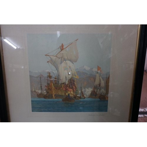 1095 - Norman Wilkinson, a 17th century battleship, signed in pencil, colour print, I.33 x 33.5cm.... 