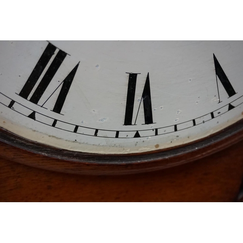 1291 - A 19th century oak drop dial fusee wall clock, the 12in painted dial indistinctly inscribed in penci... 