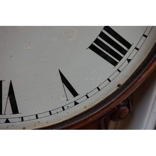 1291 - A 19th century oak drop dial fusee wall clock, the 12in painted dial indistinctly inscribed in penci... 