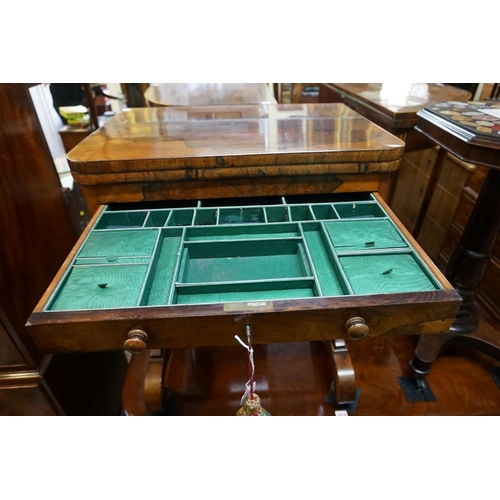 1375 - A Victorian rosewood combination games work table, the foldover top with chequerboard inlay, 78... 