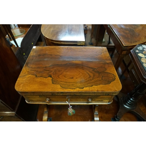 1375 - A Victorian rosewood combination games work table, the foldover top with chequerboard inlay, 78... 