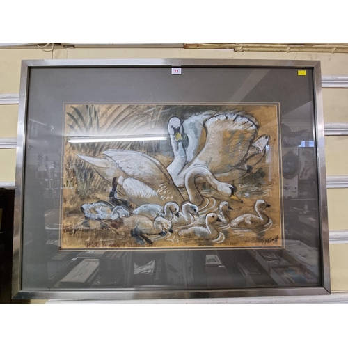 1529 - Charles F Tunnicliffe, Swans and Cygnets, signed, watercolour and gouache, 45.5 x 69cm.... 