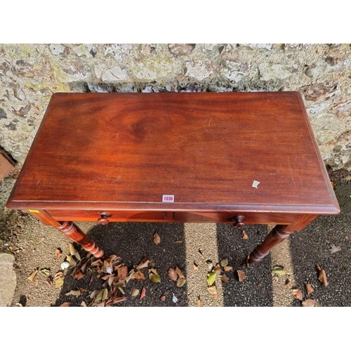 1036 - An old two drawer mahogany side table, 91cm wide x 46cm deep x 74cm high.