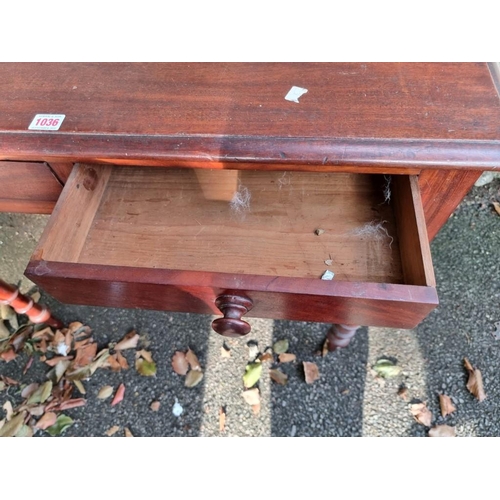 1036 - An old two drawer mahogany side table, 91cm wide x 46cm deep x 74cm high.