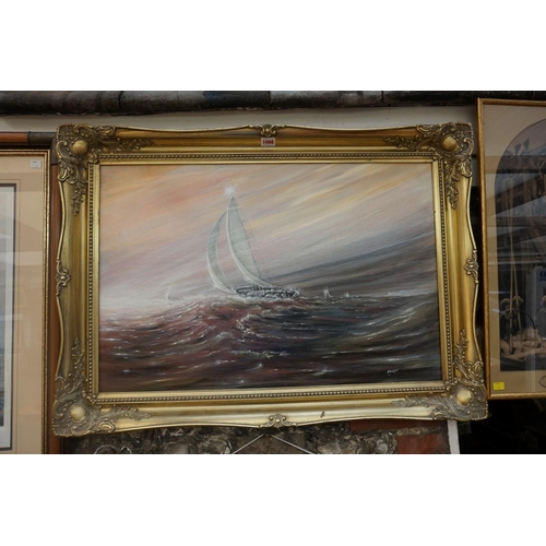 1088 - R Burgess, a yacht in choppy seas, signed, oil on board, 49.5 x 75cm. 