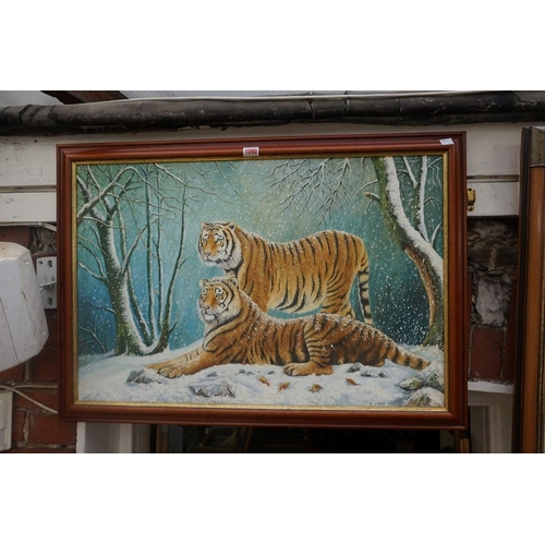 1090 - D Hoole, 'Siberian Tigers', signed and dated 2000, oil on board, 50 x 75.5cm.