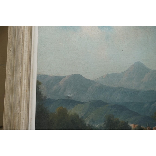 1091 - European School, a lady in an alpine landscape, oil on board, 46.5 x 52.5cm. 