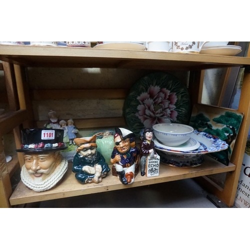 1101 - A mixed group of ceramics, to include a Sylvac wall pocket, 20cm wide; and a Yardley figure group; t... 