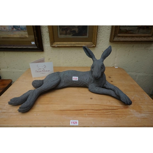 1122 - Studio Pottery: a Suzie Marsh sculpture of a reclining hare, 58cm wide, with signed booklet. ... 